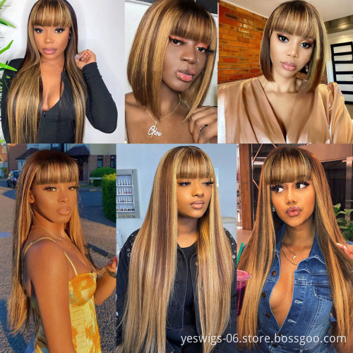 Cheap Human Hair 4/27# Colour Highlight Wigs Brazilian Hair Non Lace Wig With Bangs Machine Made Human Hair Wigs For Black Women
